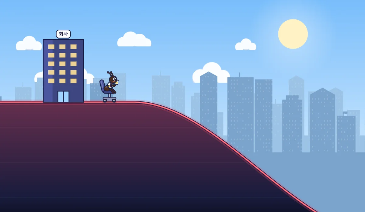 Chartflip gameplay: an ant rides an office chair along a stock chart in a city