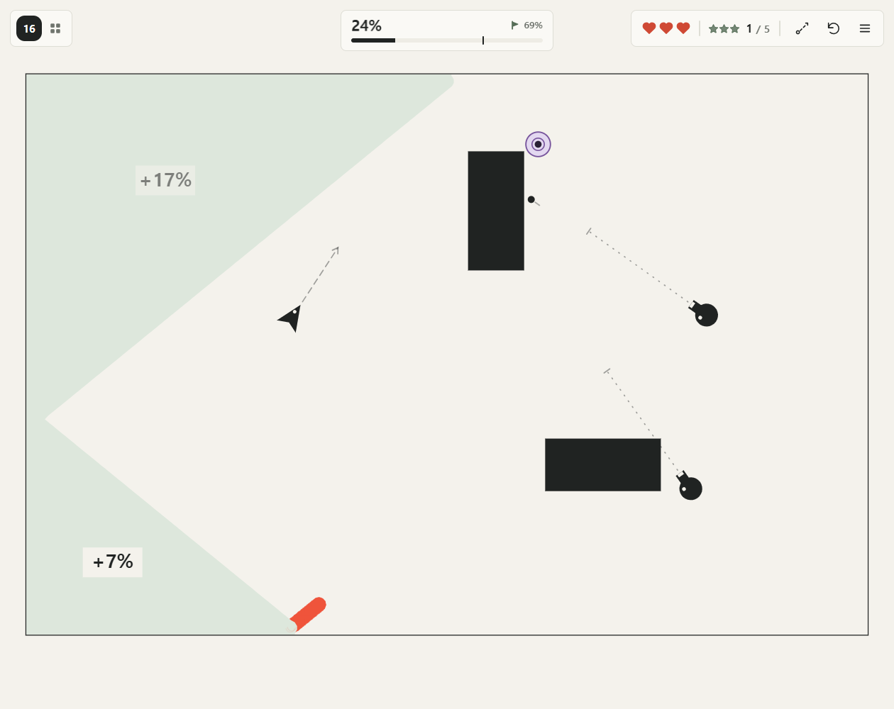 Ink Fill gameplay with a red ball trail, pale-green claimed territory, black enemies and tool marbles