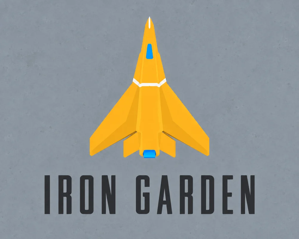 A golden combat craft and the Iron Garden title against a gray background