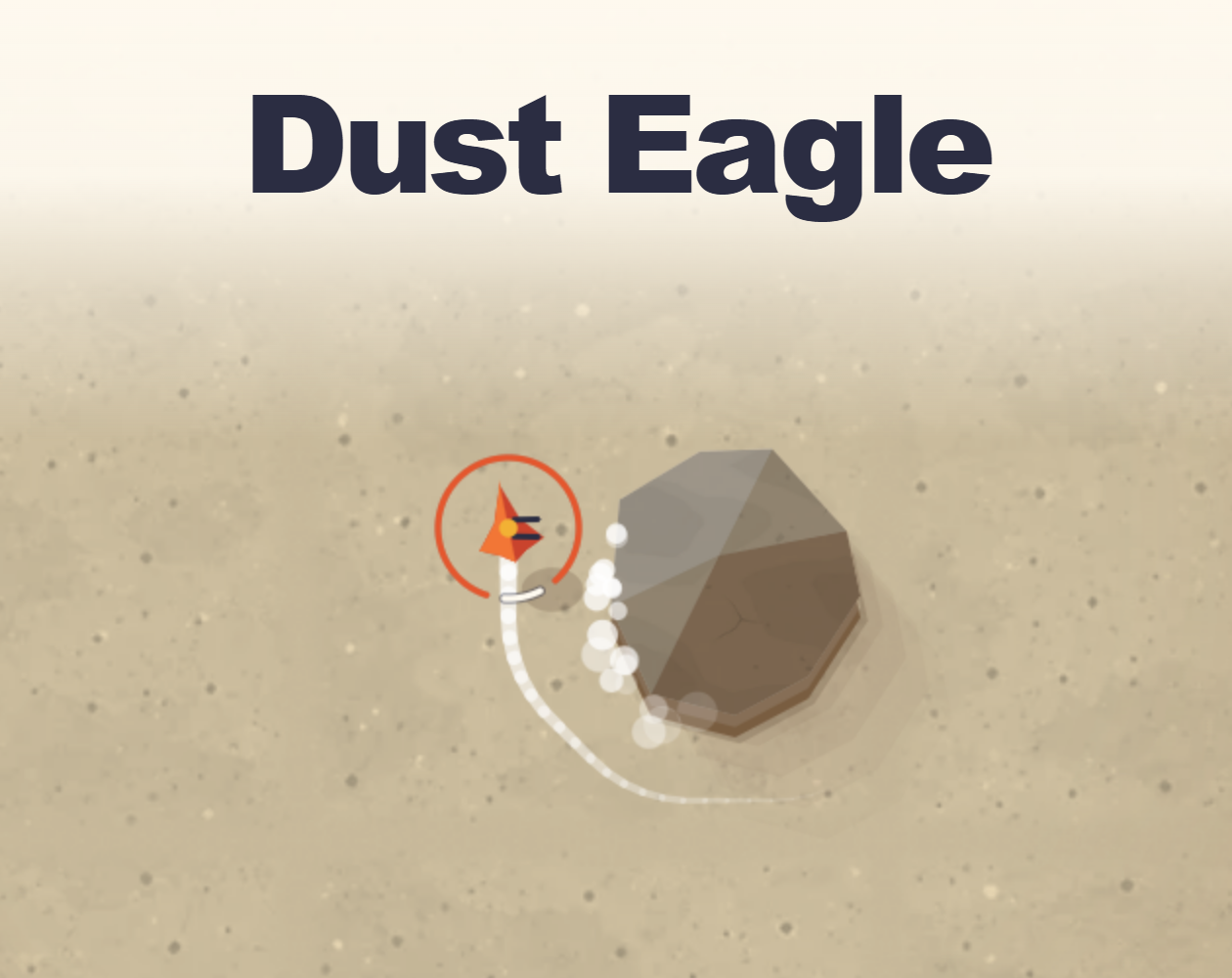 An orange craft flying beside a desert rock